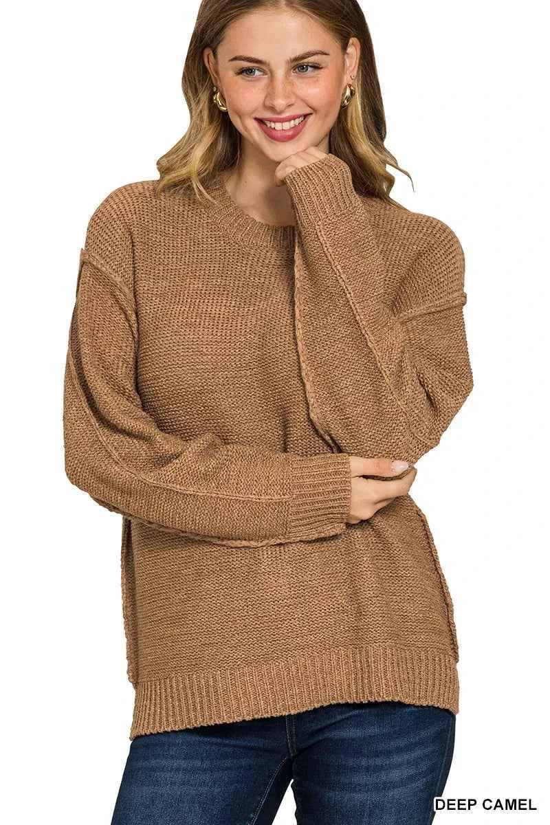 Zenana Exposed Seam Round Neck Sweater DEEP CAMEL e91d3721aea14640a087a8a50bcd00cb-Max-Origin