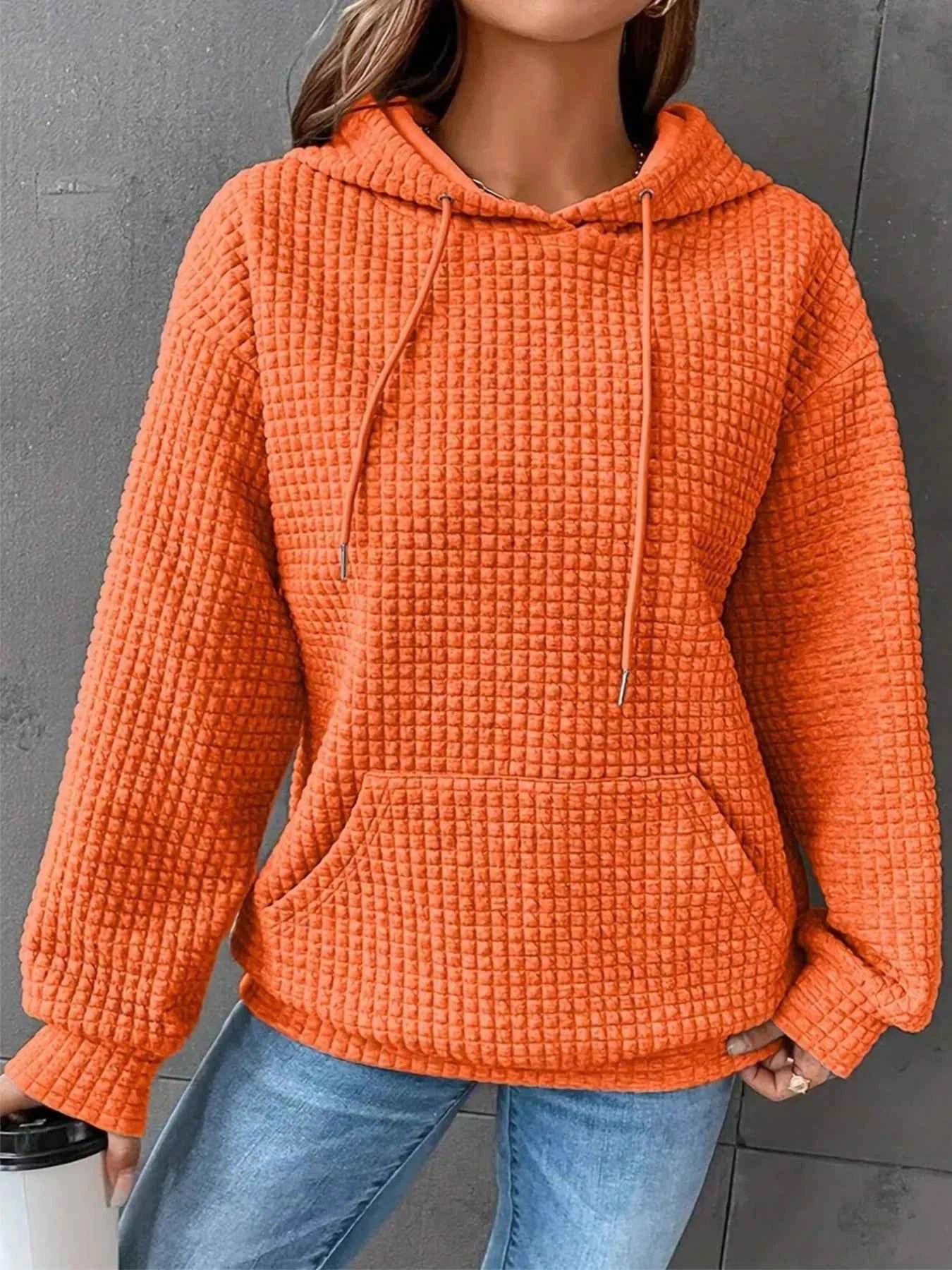 Waffle Knit Drawstring Long Sleeve Hoodie e920d652-ca30-4207-9e45-3d4379501155-Max-Origin