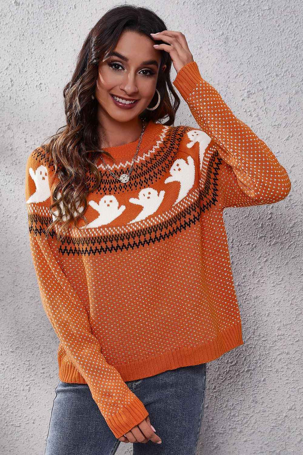Ghost Pattern Round Neck Long Sleeve Sweater Orange e923465ae7c148ef8f87c6111b8d0867-Max