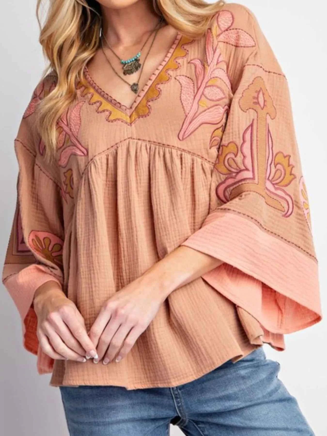 Printed V-Neck Top with Contrast Trim Details Coral Color e93c3d79-2a36-4787-b7da-d2293a51647b-Max-Origin