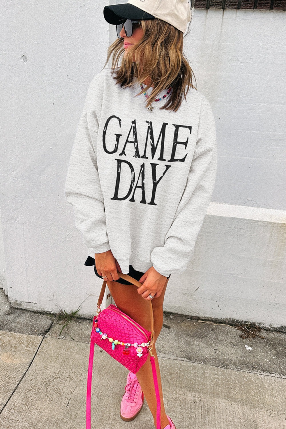 Black GAME DAY Vintage Washed Letter Graphic Baggy Sweatshirt e94e875349bc32f6