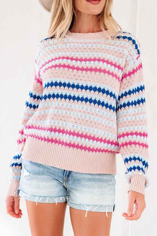 Stripe Eyelet Knit Drop Shoulder Sweater