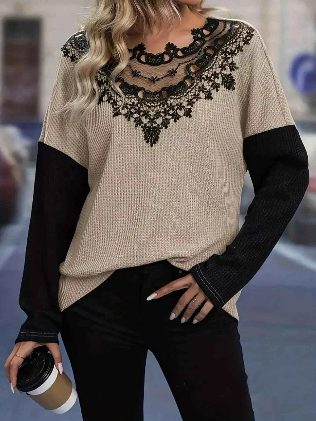 Lace Detail Color Block Long Sleeve T-Shirt e9810ce2-1a7a-4560-966a-ab306fa997bc-Max-Origin