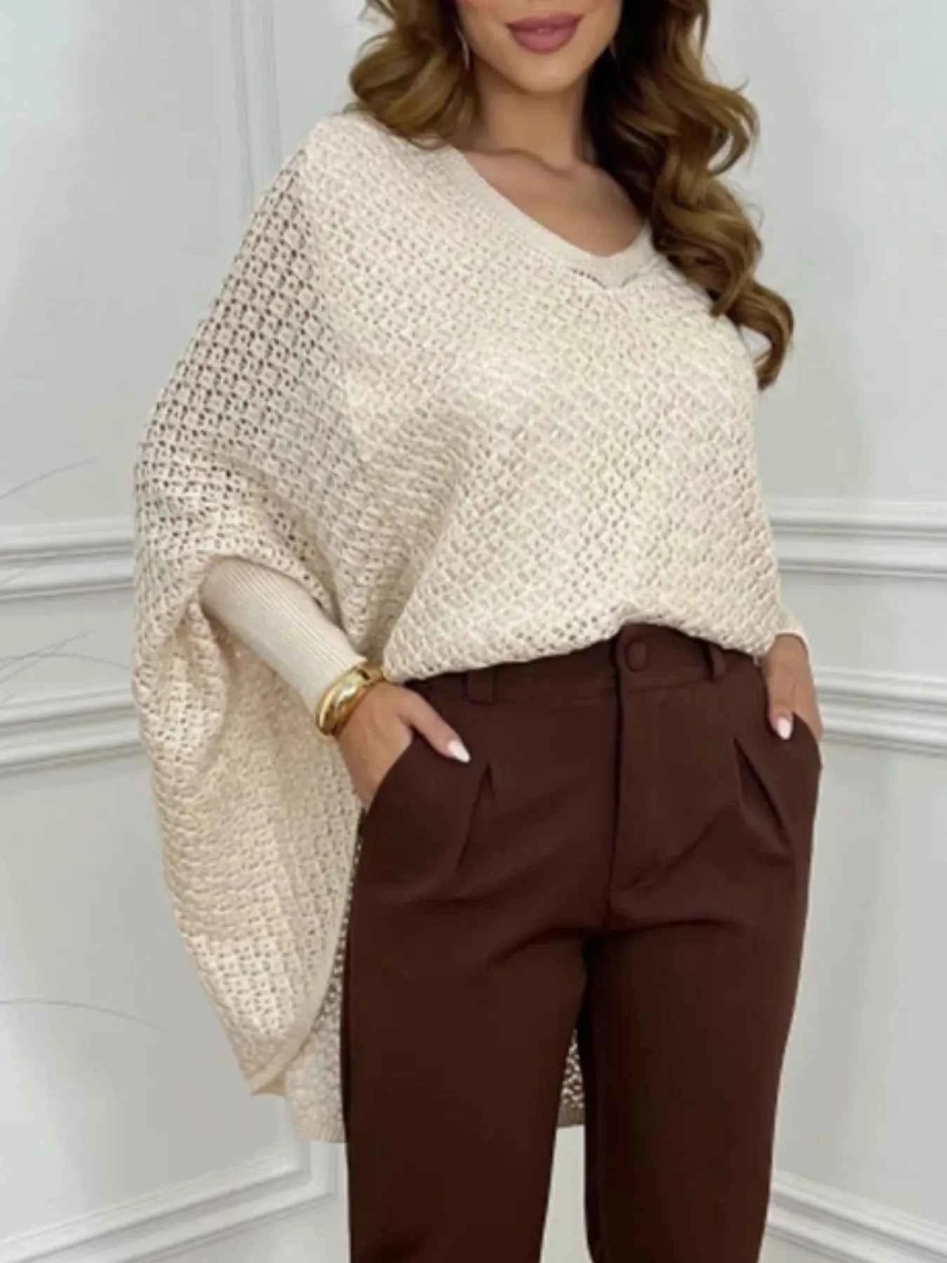Crochet V-Neck Batwing Sleeves Oversized Sweater e9831326-f6fd-418e-9fdb-9307f6de14b7-Max-Origin