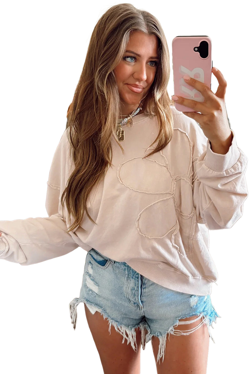 Smoke Green Raw Edge Flower Patch Drop Shoulder Long Sleeve Top e98abff06f29bafc