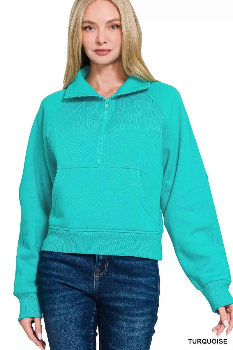Zenana Fleece Half Zip Kangaroo Pocket Sweatshirts TURQUOISE e99c1d28-0ca5-46ab-9140-948014fd96ac-Max-Origin