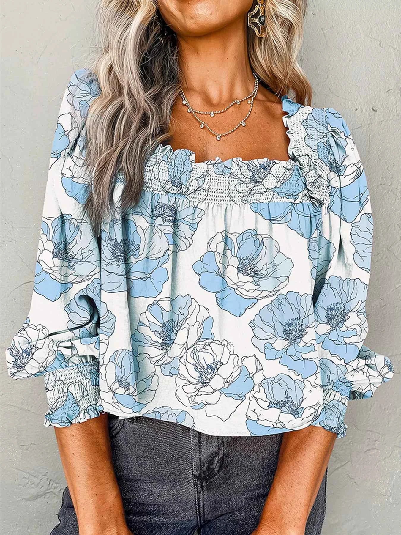 Floral Print Frilly Smocked Square Neck Long Sleeve Blouse Light Blue e9a39ebc08e34b9ba4c7291157093dc2-Max-Origin