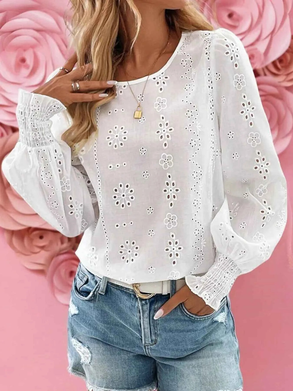Eyelet Long Sleeve Blouse with Elastic Cuffs White e9b3a711-c453-48e3-afde-e45e3dc6cf83-Max-Origin