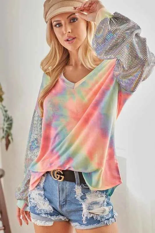 BiBi V Neck Tie Dye French Terry Top with Shiny e9c23290bf754f6eb47abf7cbc815928-Max-Origin