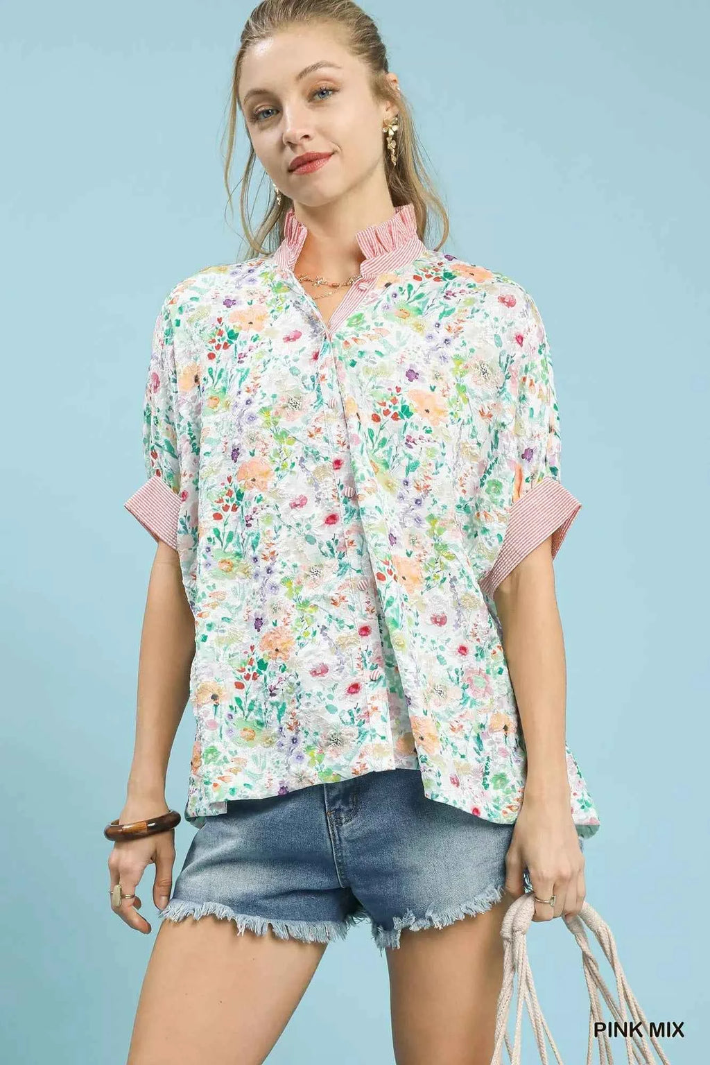 Umgee Jacquard Floral Print Button-Down Shirt PINK MIX e9c4966a-7cad-444d-8489-83b781050671-Max-Origin