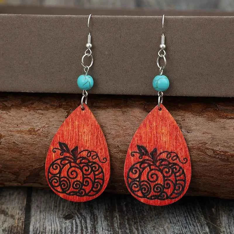 Turquoise Wooden Pumpkin Teardrop Earrings e9c960e6-e382-485b-b12a-a226e49cf5ef-Max