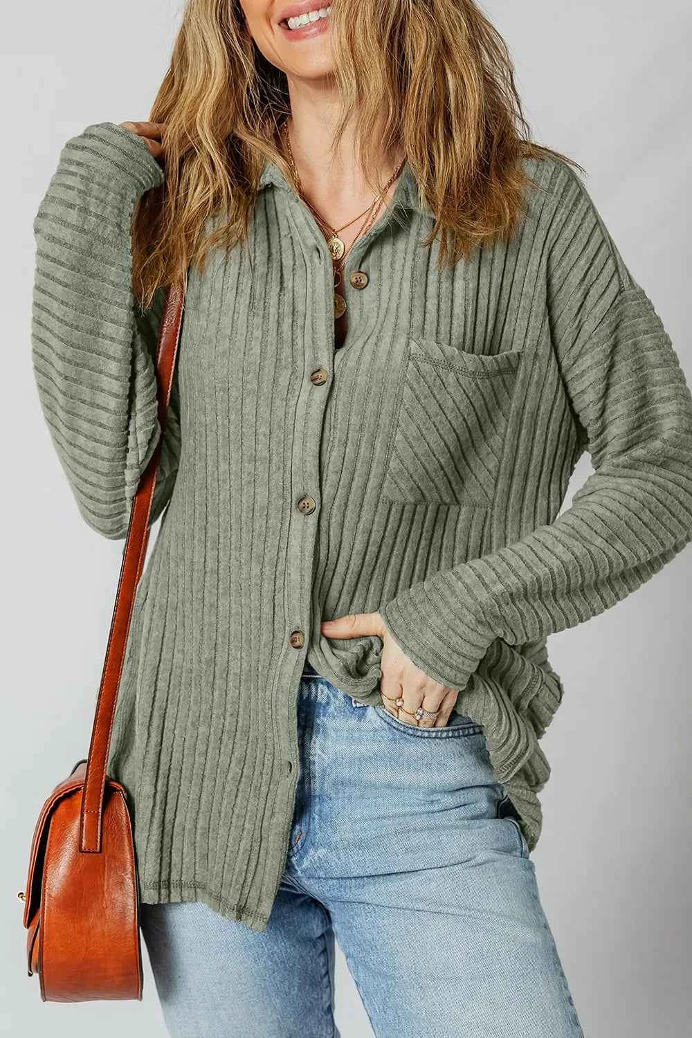 Ribbed Knit Button-Up Cardigan Sage e9d2947c-d49d-4665-b330-e5333793fcd0-Max-Origin