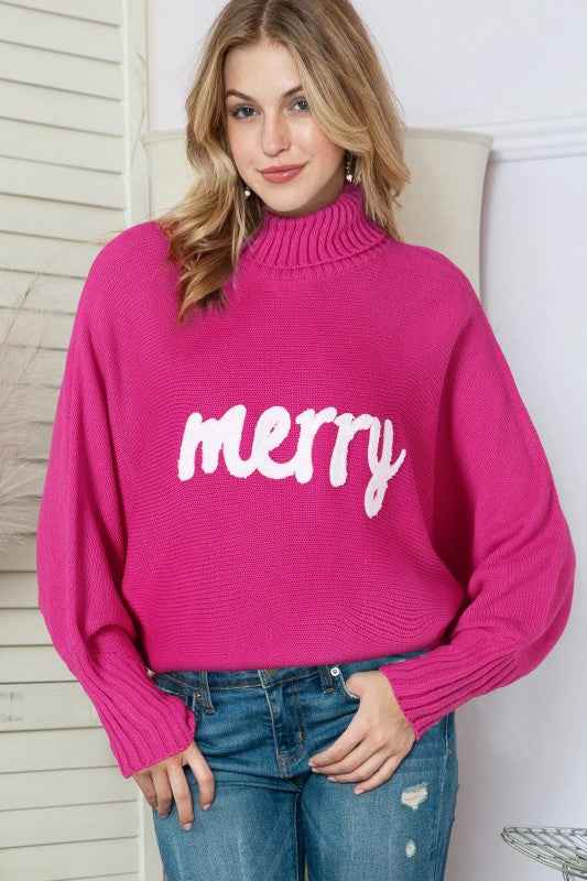 Christmas Merry Embroidered Puff Sleeve Turtleneck e9db564c-8ad2-43a2-953c-4047b3edfe40