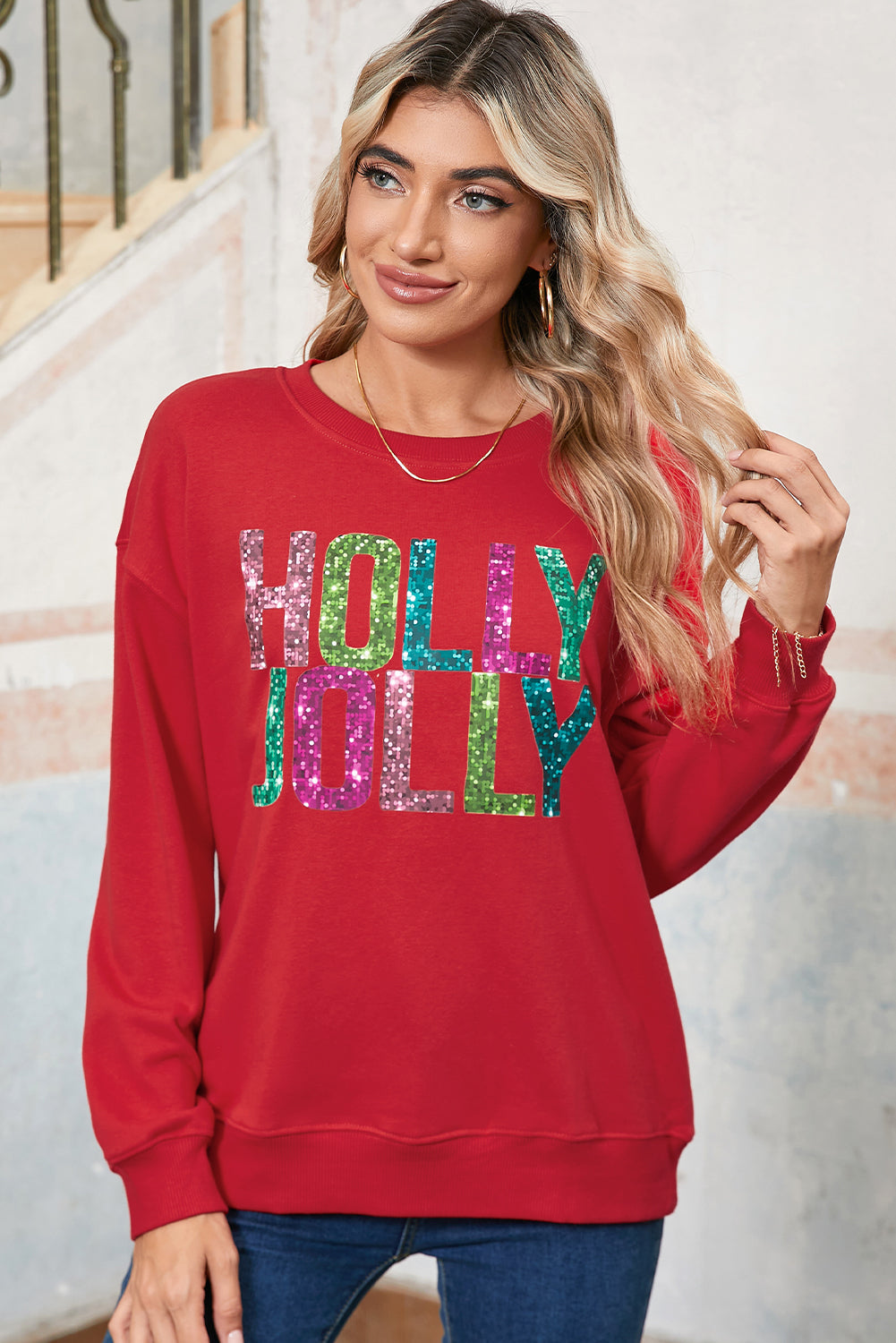 Red HOLLY JOLLY Heat Transfer Printing Graphic Christmas Pullover Sweatshirt ea035e066e29d294