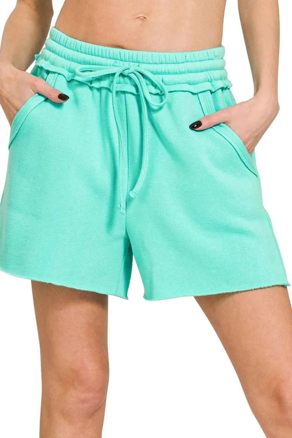 Zenana Fleece Raw Hem Shorts With Draw String MINT ea09274c-bc55-44ca-af18-ff58f1feaf9c-Max-Origin