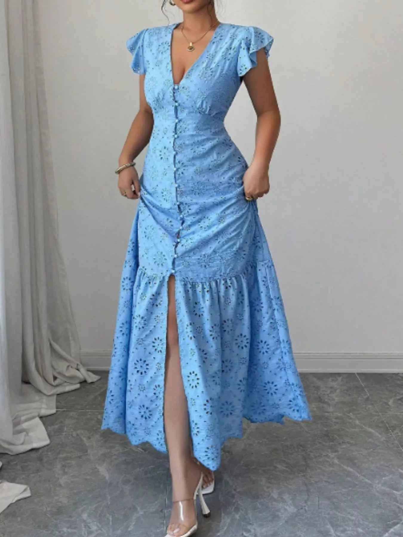 Floral Eyelet Ruffled Cap Sleeve Maxi Dress ea0d6230-491d-482a-a8cc-a94a88a1c498-Max-Origin