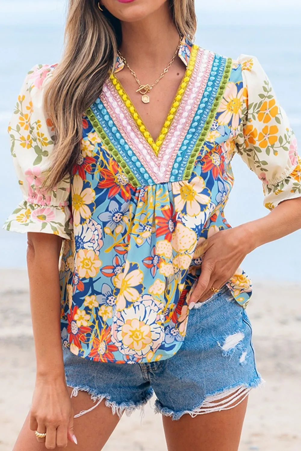 Multicolour Crochet V Neck Half Sleeve Boho Floral Blouse Floral ea1c279f-49cd-4ec9-ae31-766c9d587fbf-Max-Origin