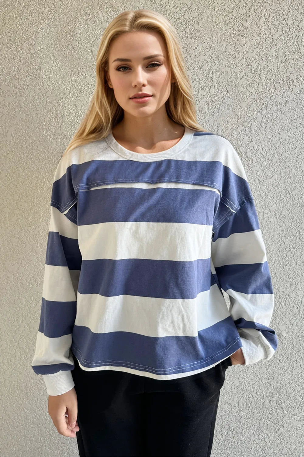 Oh Pima Cotton Wash Exposed Seam Contrast Striped Round Neck Long Sleeve T-Shirt ea213e26-a2e2-4a37-839a-e5146448a36d-Max