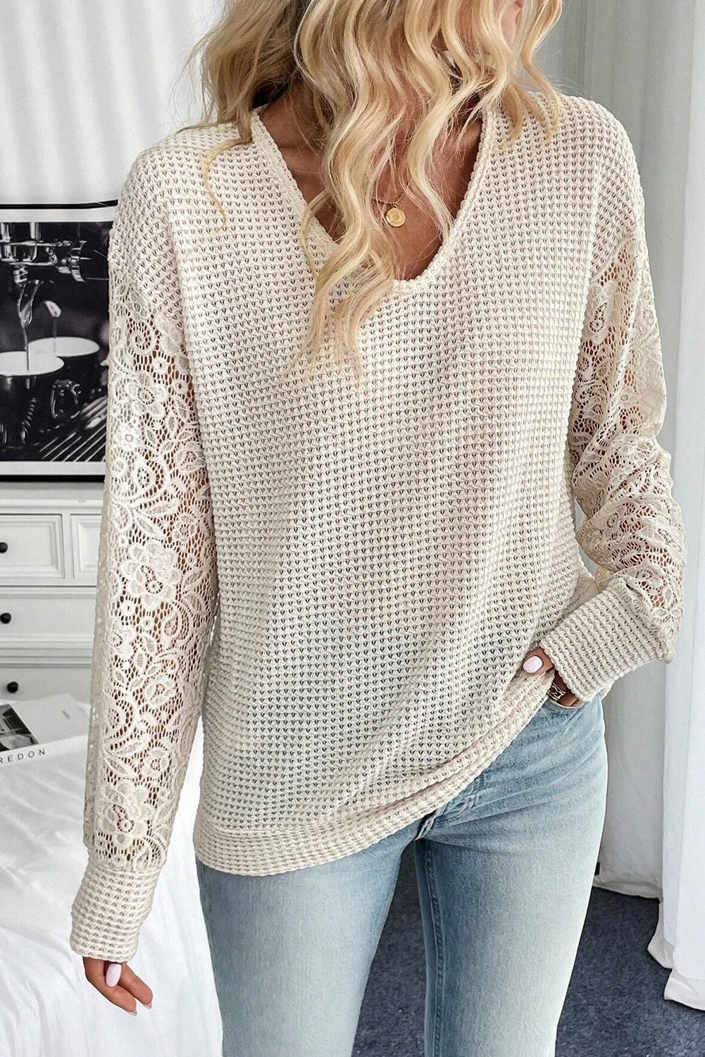 Beige Waffle V Neck Patchwork Lace Sheer Long Sleeve Top ea2d4b0451fe1688