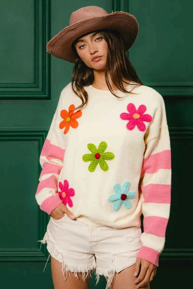 BiBi Colorful Floral Patched Sweater with Striped Sleeve ea2d5d680cae4c6d94d7b23b40071440-Max-Origin