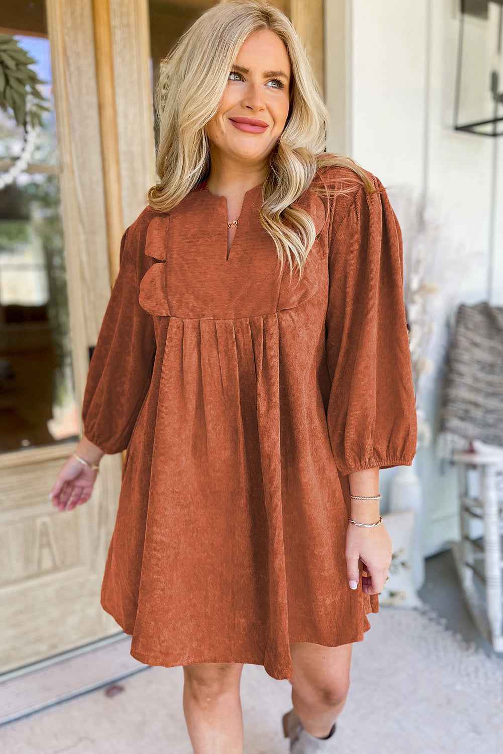 Moss Green Split Neck Scallop Detail Pleated Corduroy Mini Dress ea324c508a22236c