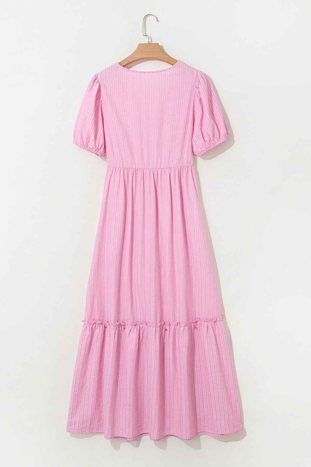 Pink Striped V Neck Puff Sleeve Frill Tiered Maxi Dress ea4f9c641cc80478