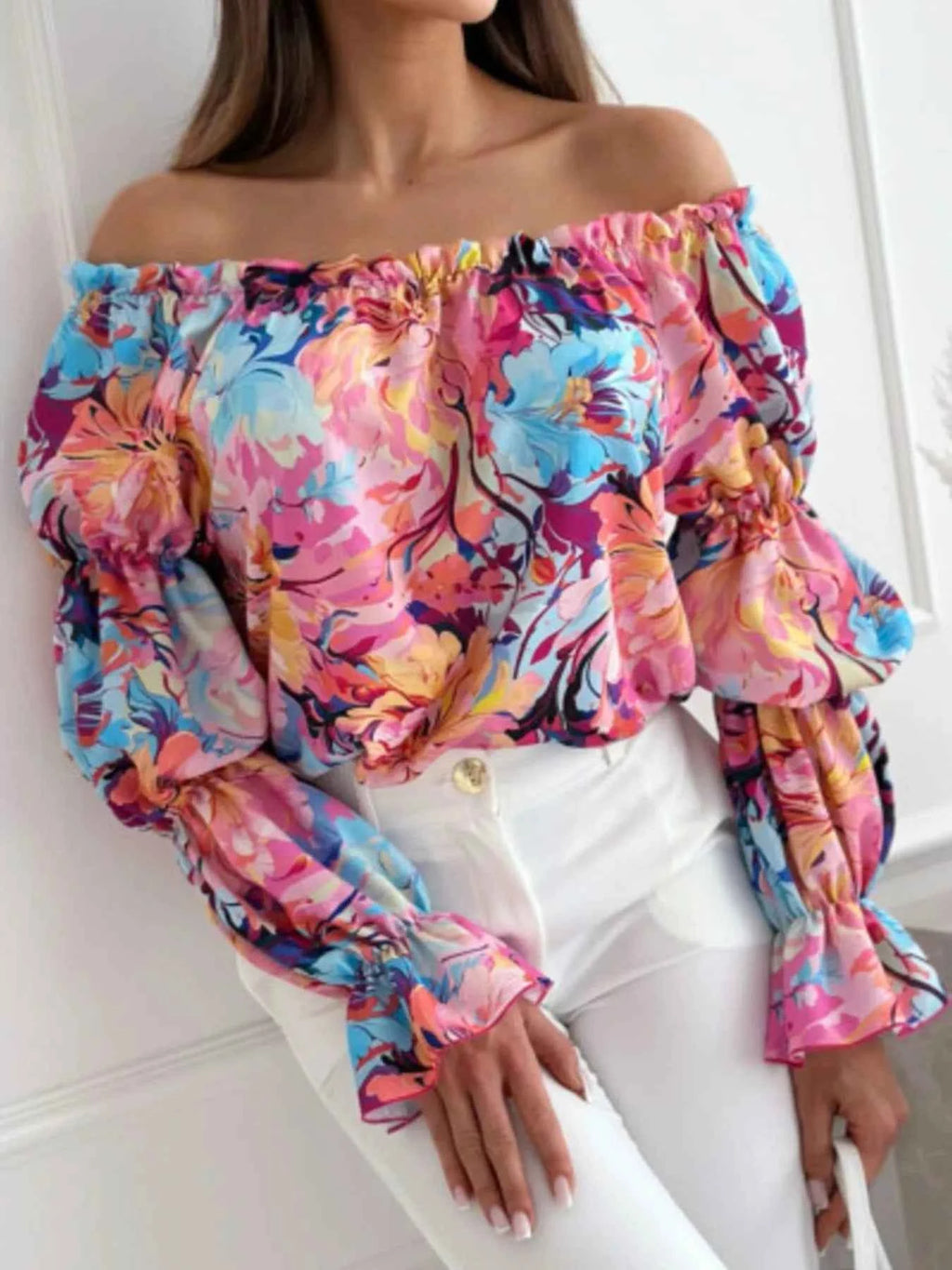 Off-Shoulder Floral Ruffle Blouse with Elastic Neckline ea523d1f-7ef2-4363-b5b5-e04b43a32f74-Max-Origin
