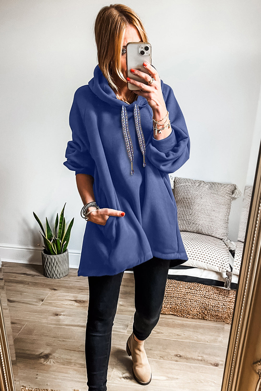 Dirty Blue Drawstring Hooded Tunic Sweatshirt ea538de9f44c044d