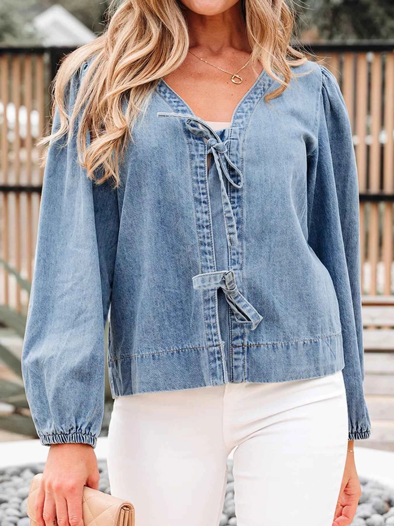 Tied Front Puff Sleeve Denim Top ea5566ba247e4180b10520664e2a2294-Max-Origin