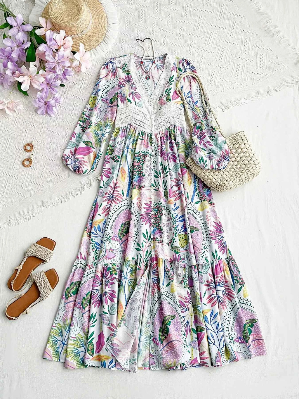 Lace Detail V-Neck Balloon Sleeve Dress Multicolor ea771524-5988-4779-90df-6c078f9fe3ca-Max-Origin