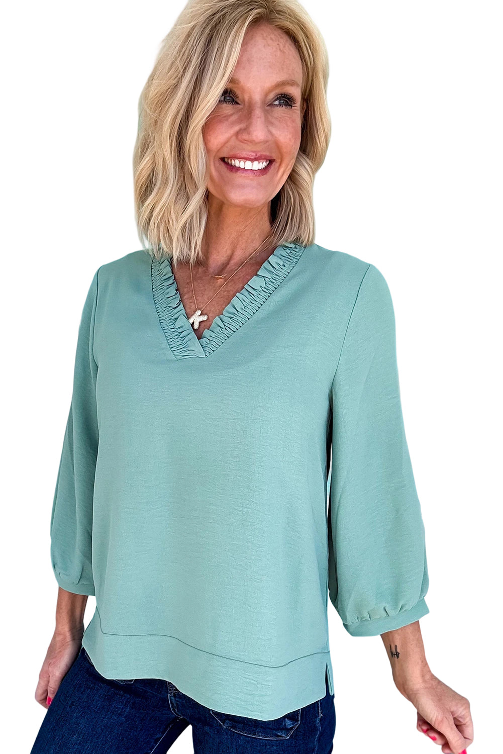 Bright Pink Frill V Neckline Puff Sleeve Crinkled Blouse ea77dc47ecf04760