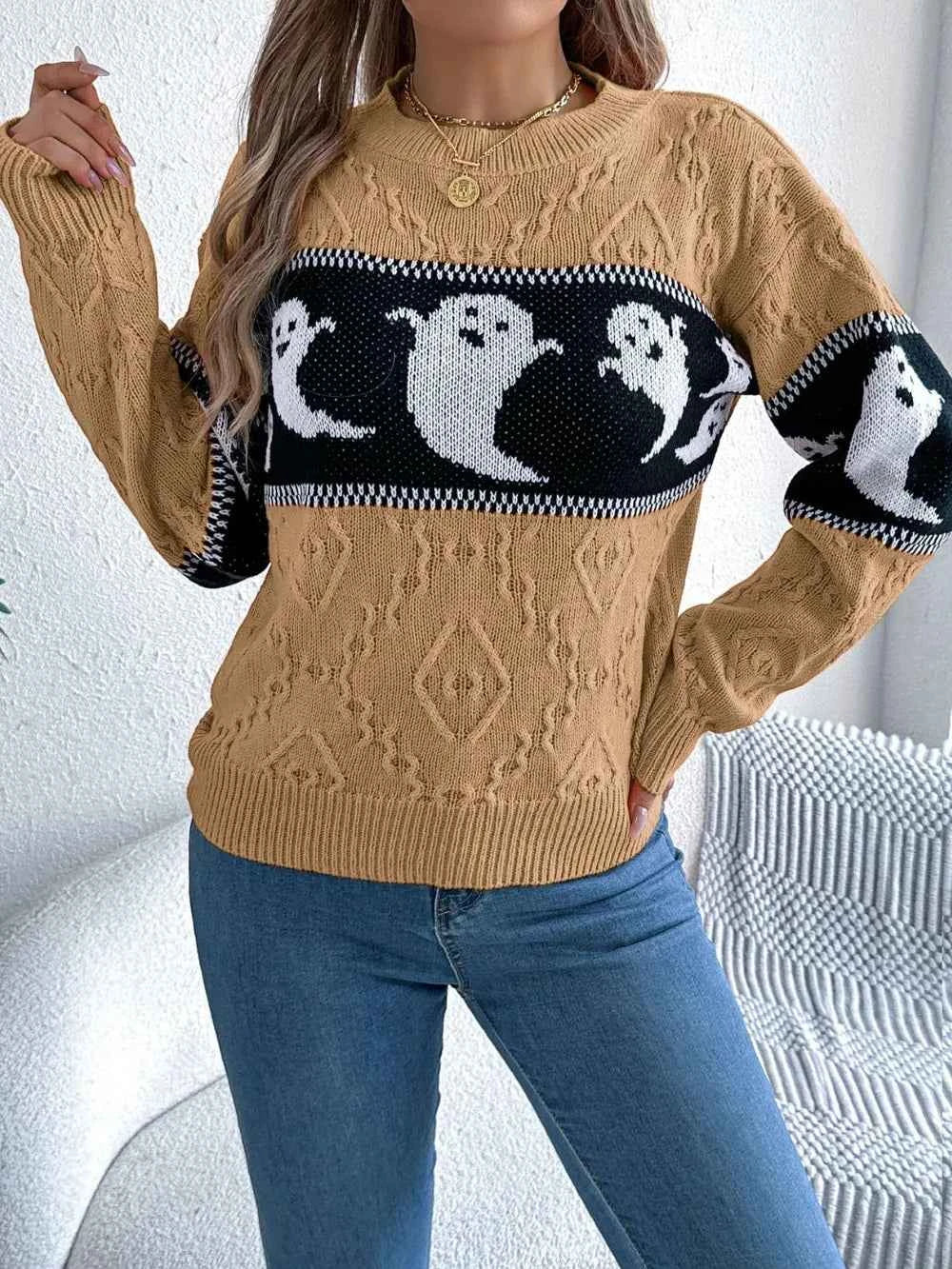 Ghost Round Neck Long Sleeve Sweater Camel ea7e086c-87cc-482d-83b1-0c06a1279c11-Max