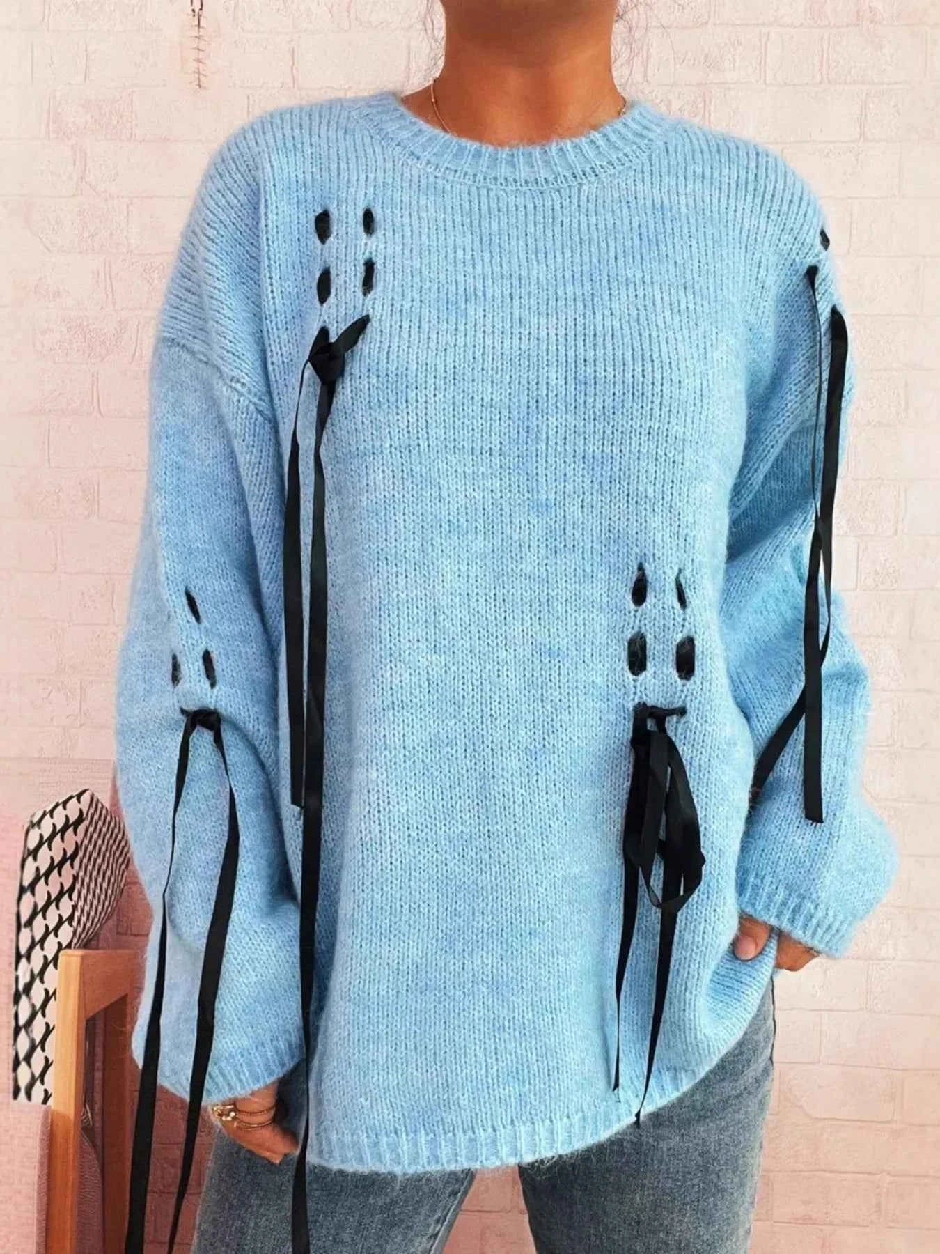 Round Neck Long Sleeve Sweater with Ribbon Details Blue One Size ea99ddcddce548e09b94b425fc6e3064-Max-Origin
