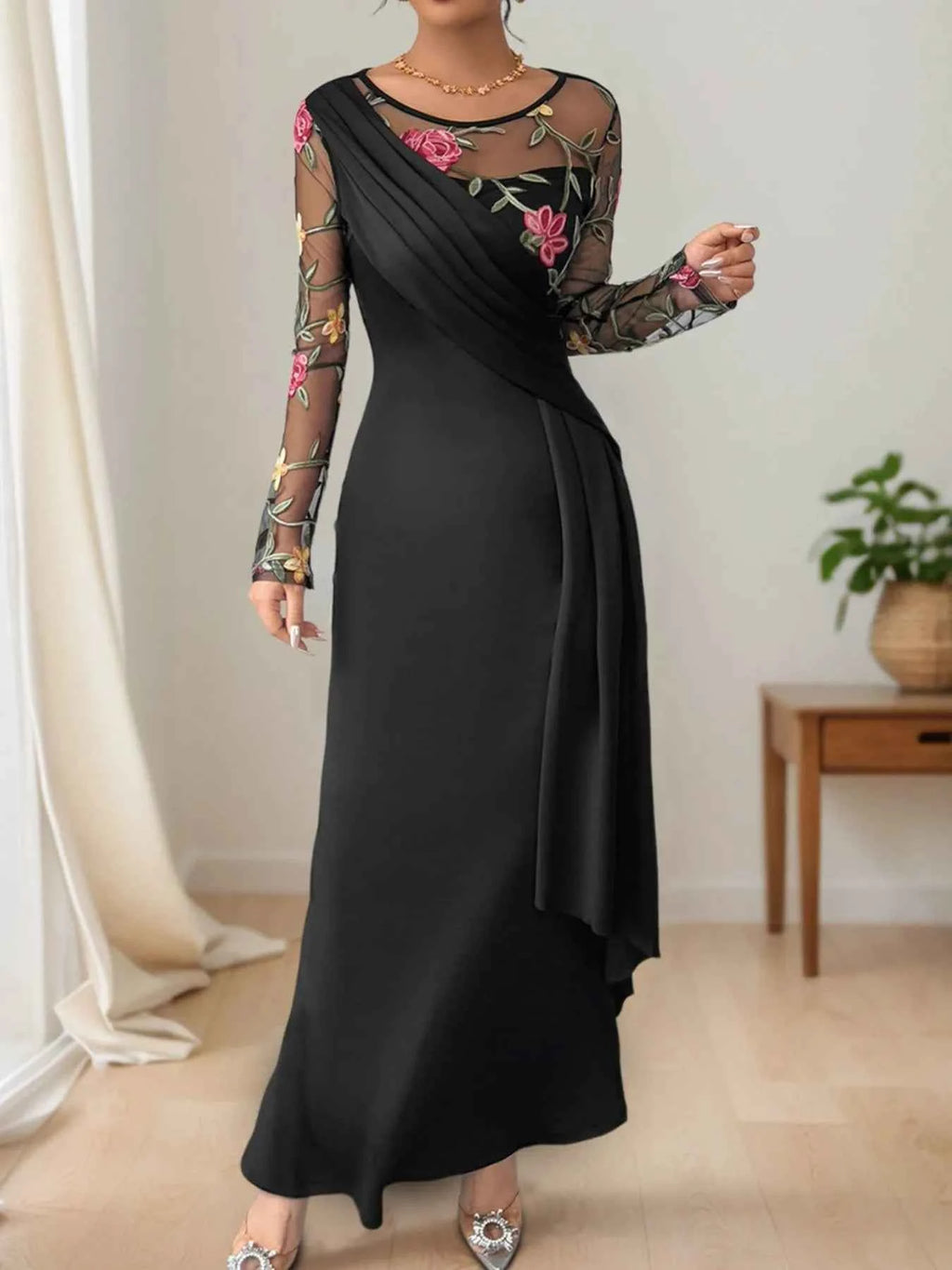 Floral Mesh Sleeve Ruched Maxi Dress eaa4bf26-b13c-4600-819c-6b80de49323e-Max-Origin