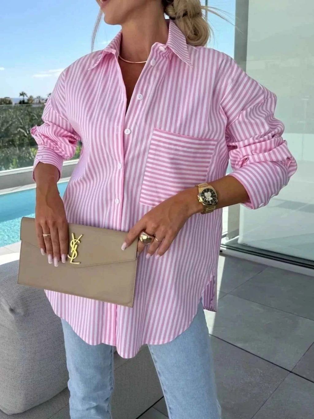 Striped Oversized Button-Down Shirt Pink eab1efc1-fe37-4cac-9764-7f139640f921-Max-Origin