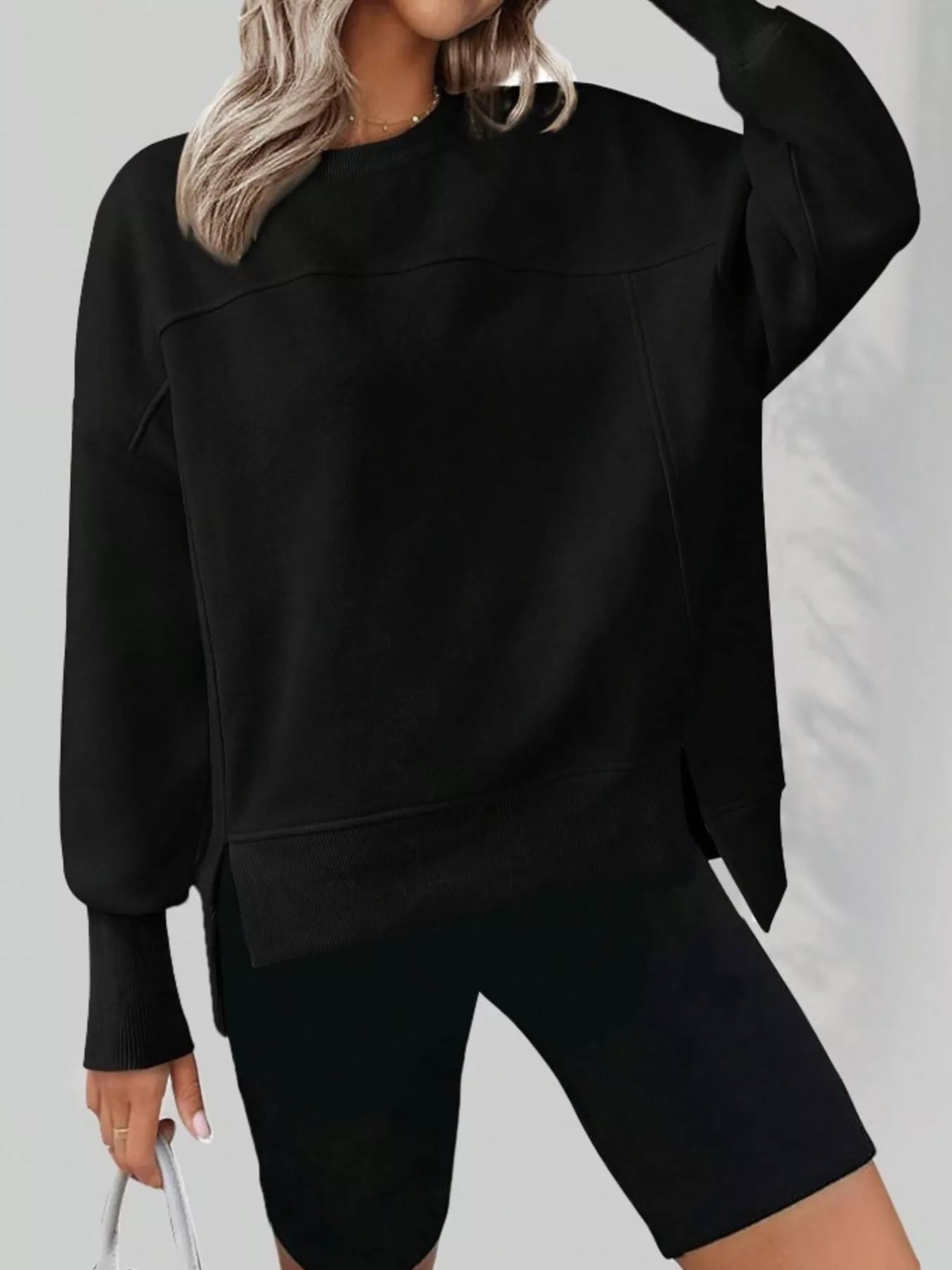 Slit Round Neck Dropped Shoulder Sweatshirt Black eabb5b651a8c465280603f98ab047455-Max-Origin