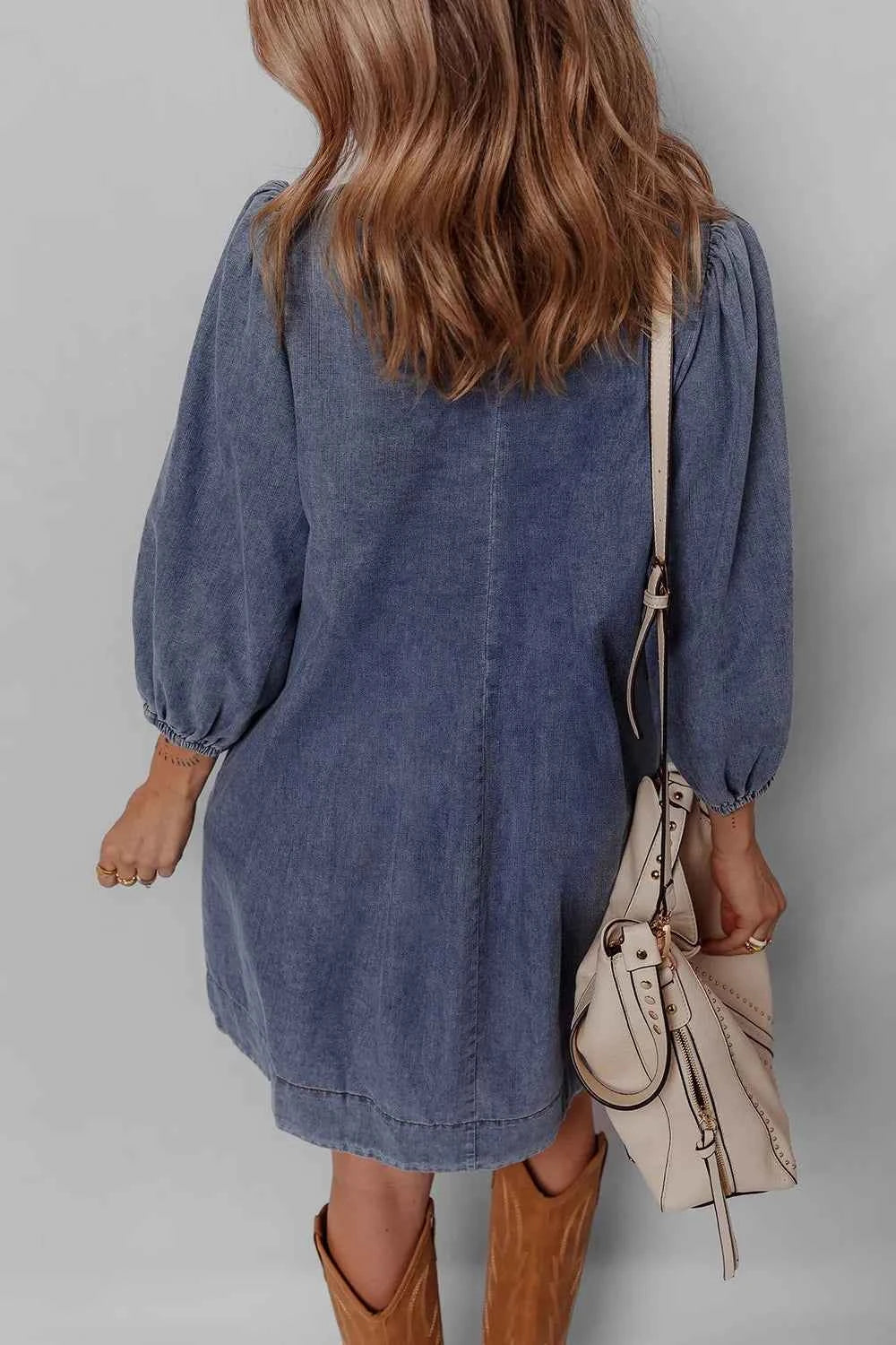 Tie Neck Long Sleeve Mini Denim Dress eac798d8-55e7-4cd4-83ec-6e2f66663ed9-Max-Origin
