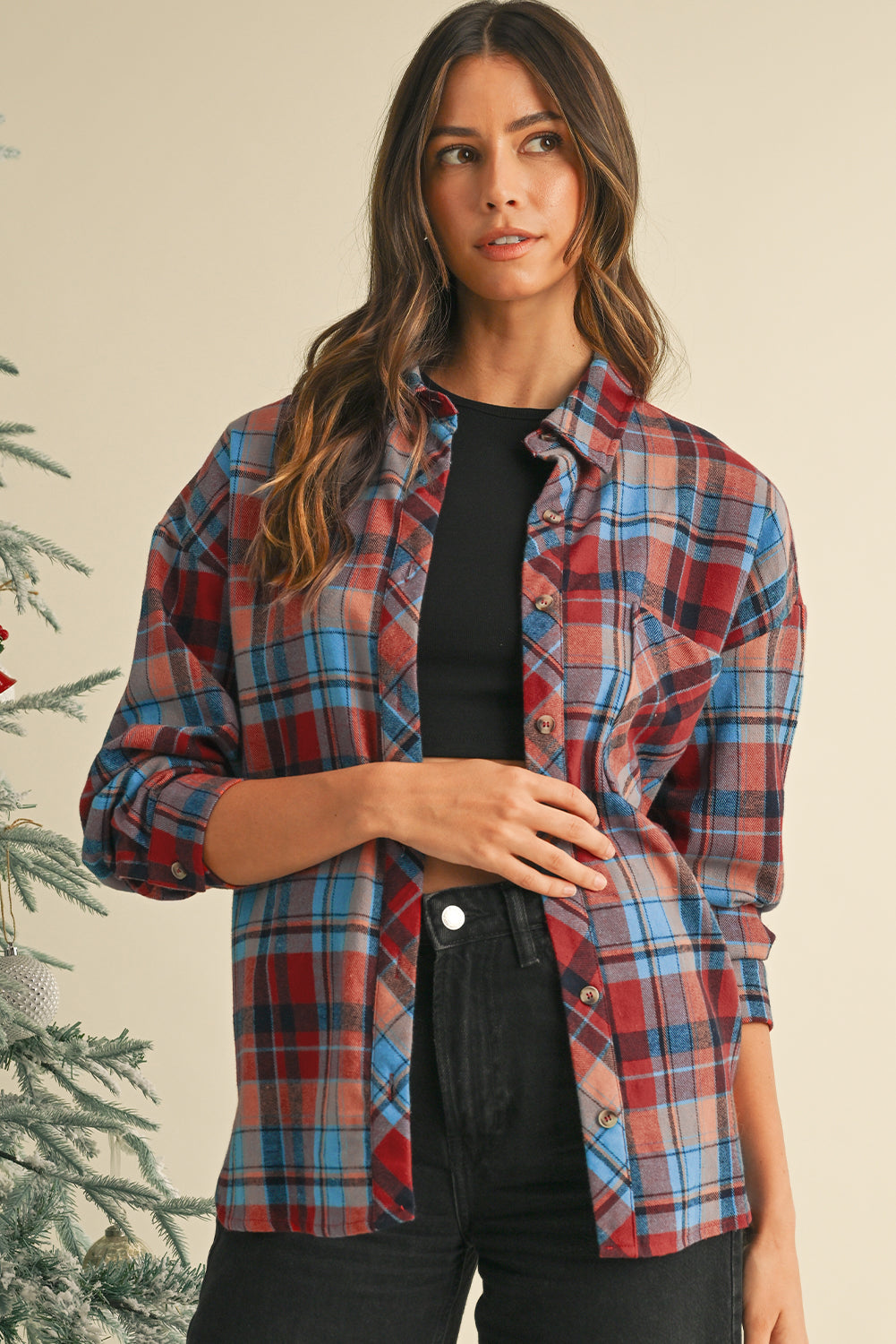 Orange Plaid Print Pocket Loose Shirt Shacket eaf11825da37d7cb