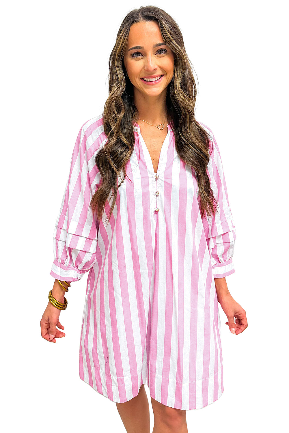 Rose Striped Long Sleeve Buttons Loose Mini Dress eb015f96bbc9c979