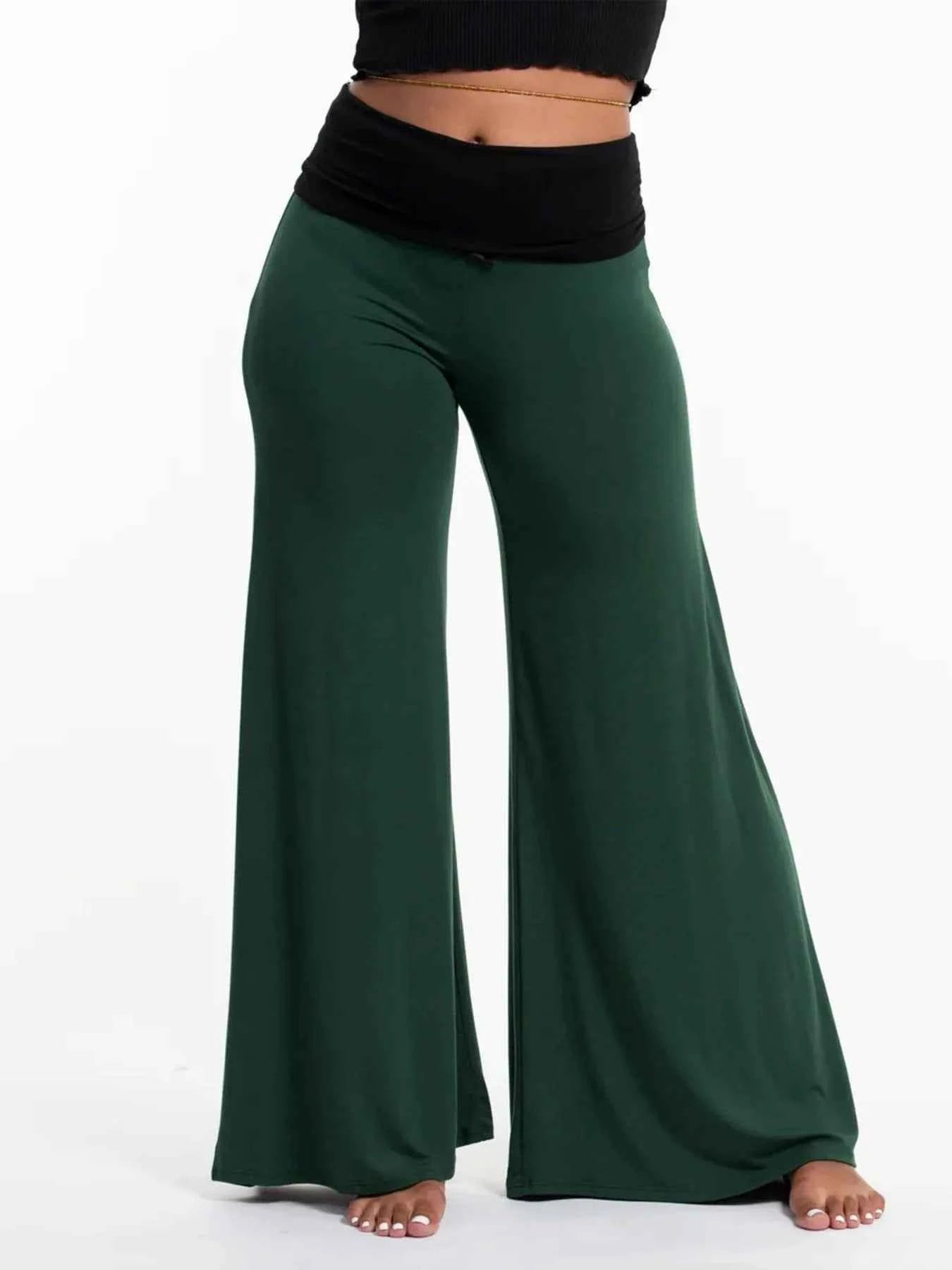 High Waisted Wide Leg Yoga Pants with Contrast Waistband Green eb0572a8-f34d-4d28-b859-40d4f3cb9342-Max-Origin
