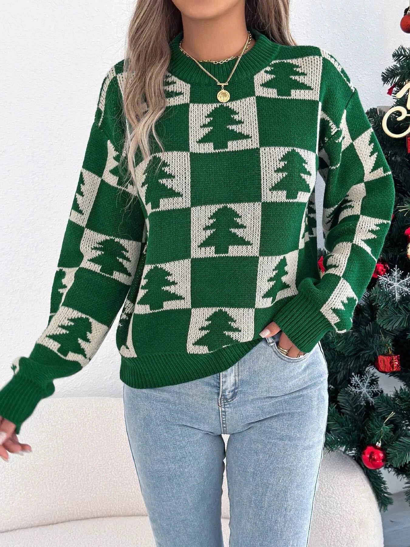 Christmas Tree Checkerboard Pattern Sweater eb0c3ba612be4ff99343b7f09e29247d-Max-Origin