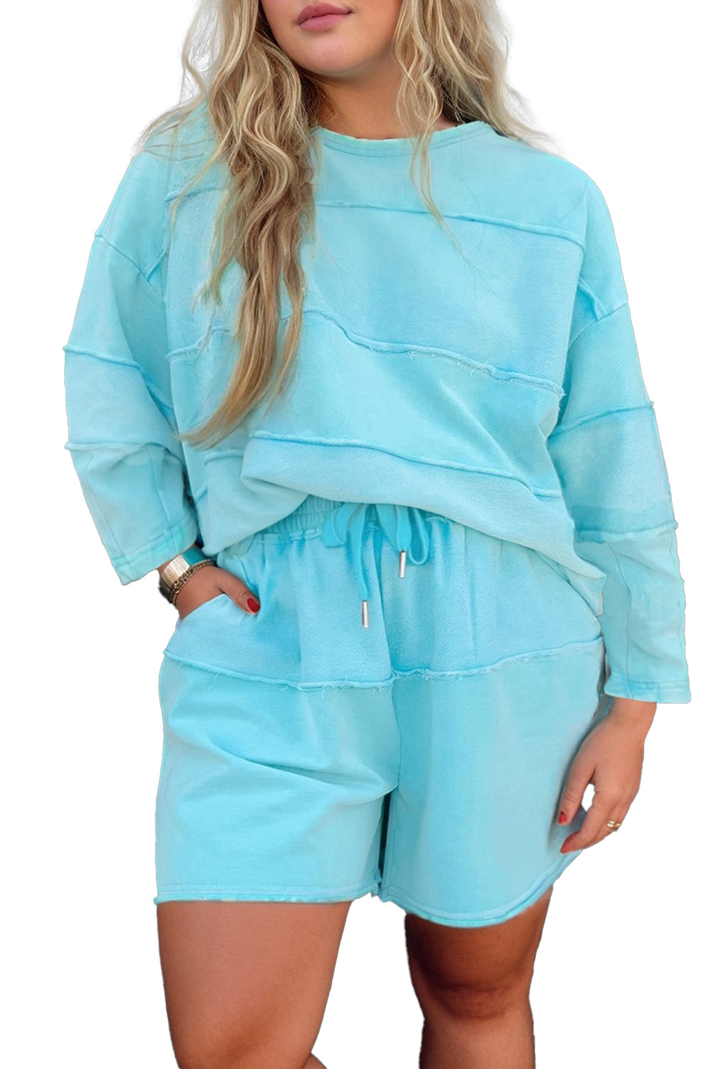 Aruba Blue Solid Color Pullover Top Plus Size Raw Hem Shorts Set Aruba Blue 65%Polyester+35%Cotton eb0ea1b5f35b3a15