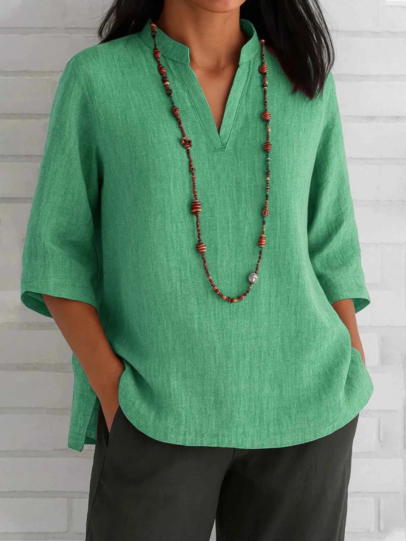Full Size Notched Three-Quarter Sleeves Blouse Plus Size Green eb1a7411-f6ff-400d-838d-4fa4abcf756d-Max-Origin