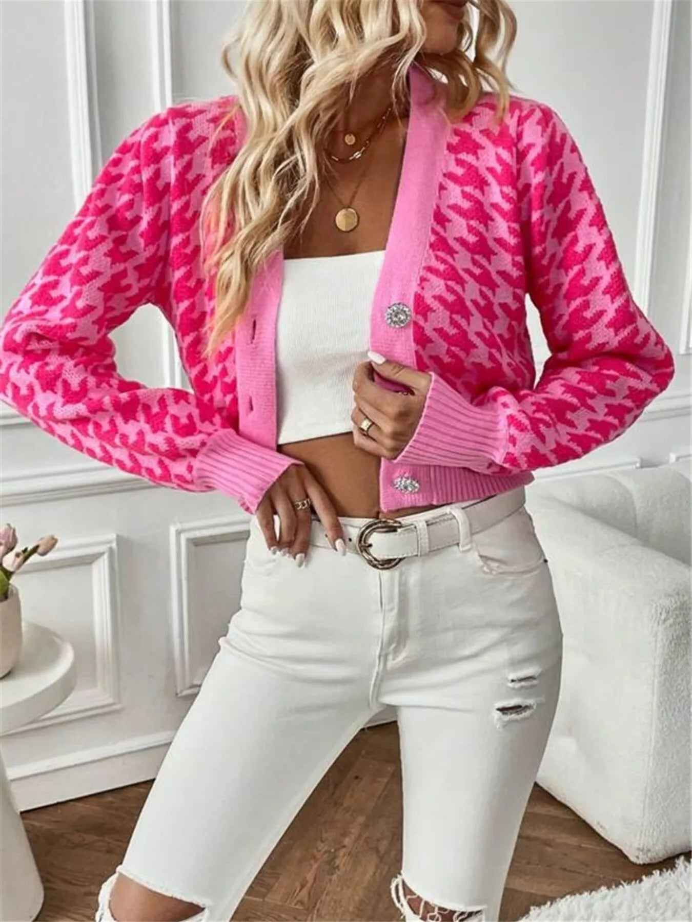 Houndstooth V-Neck Button Up Cardigan Hot Pink eb1a7cc5169644a99870d3e6244f9561-Max-Origin