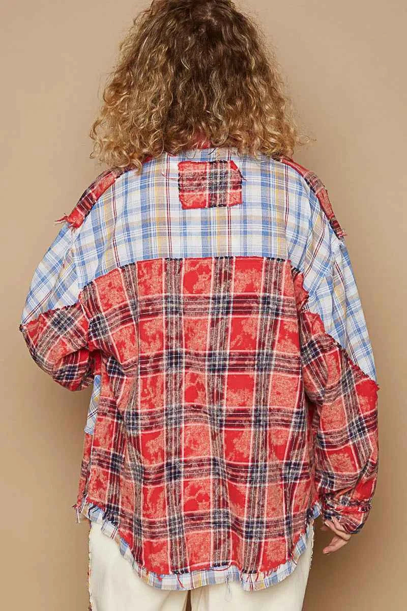 POL Plaid Patchwork Long Sleeve Shirt with Raw Edge Detail eb28da96-f32b-423b-90b0-310174e38423-Max-Origin