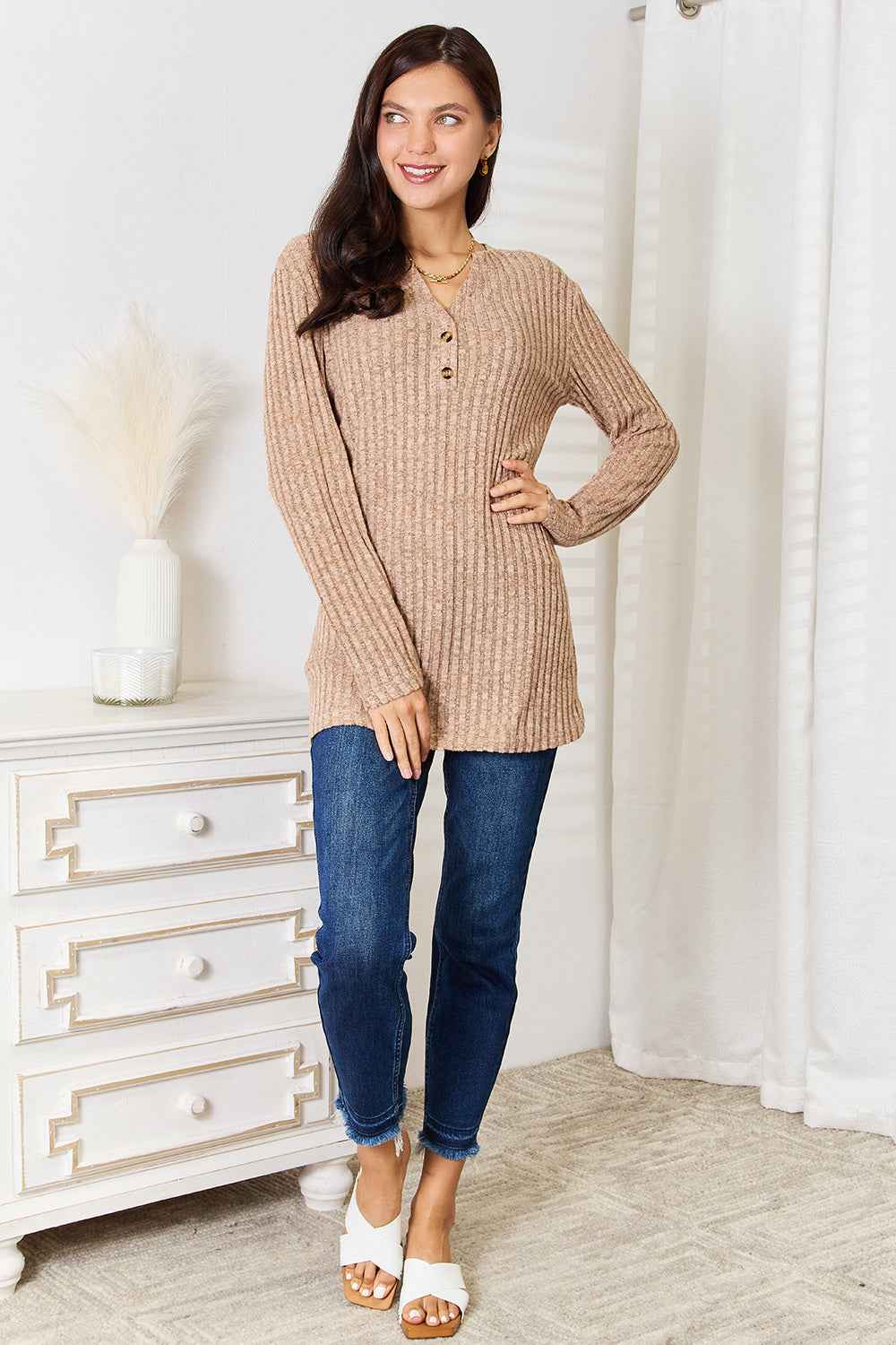 Double Take Notched Neck Ribbed Long Sleeve T-Shirt eb31f4b2a2004268874359d5f995d33a-Max