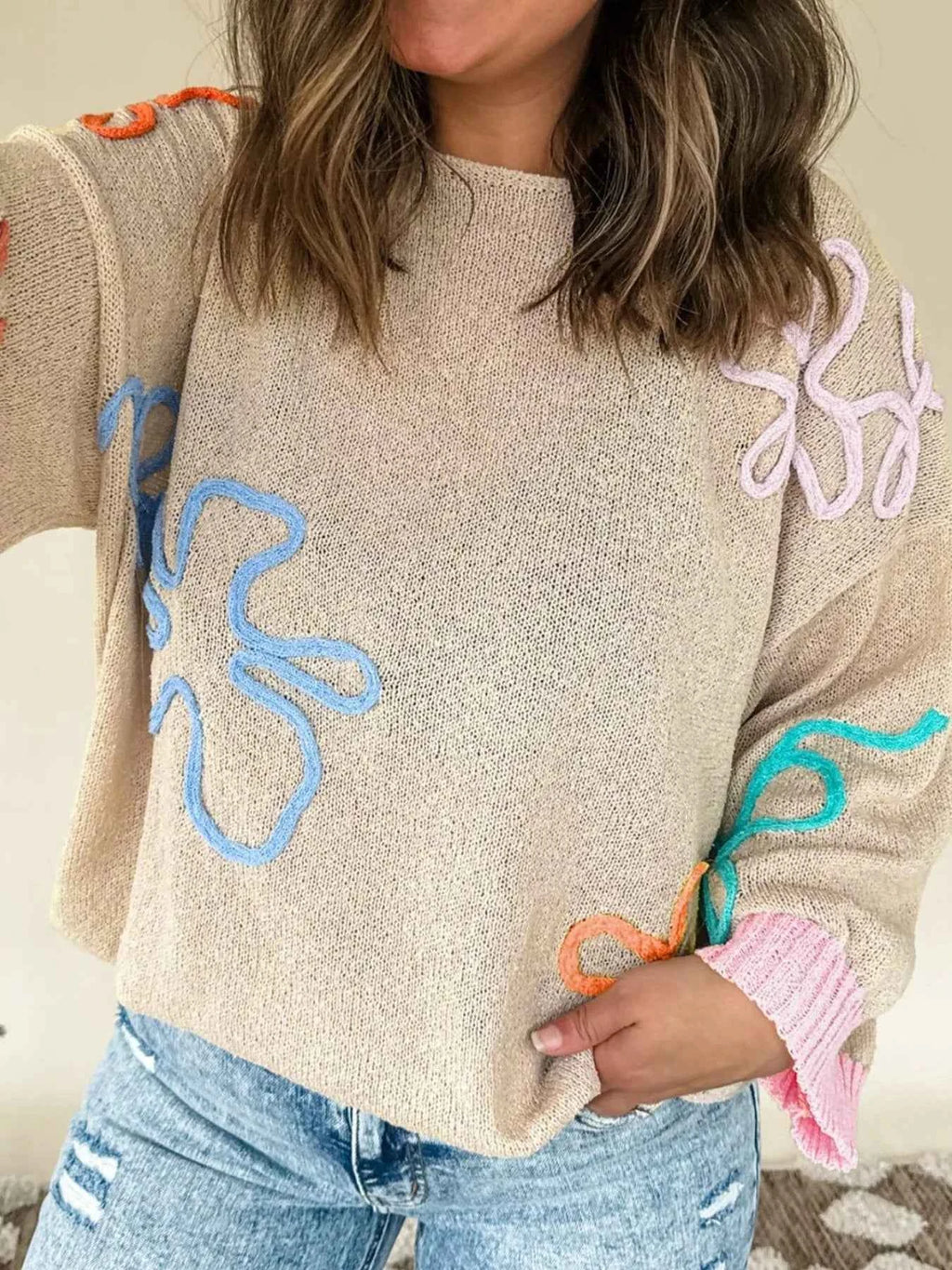 Flower Round Neck Drop Shoulder Sweater eb6556dc-7502-4b52-a8be-124fb33e875d-Max-Origin