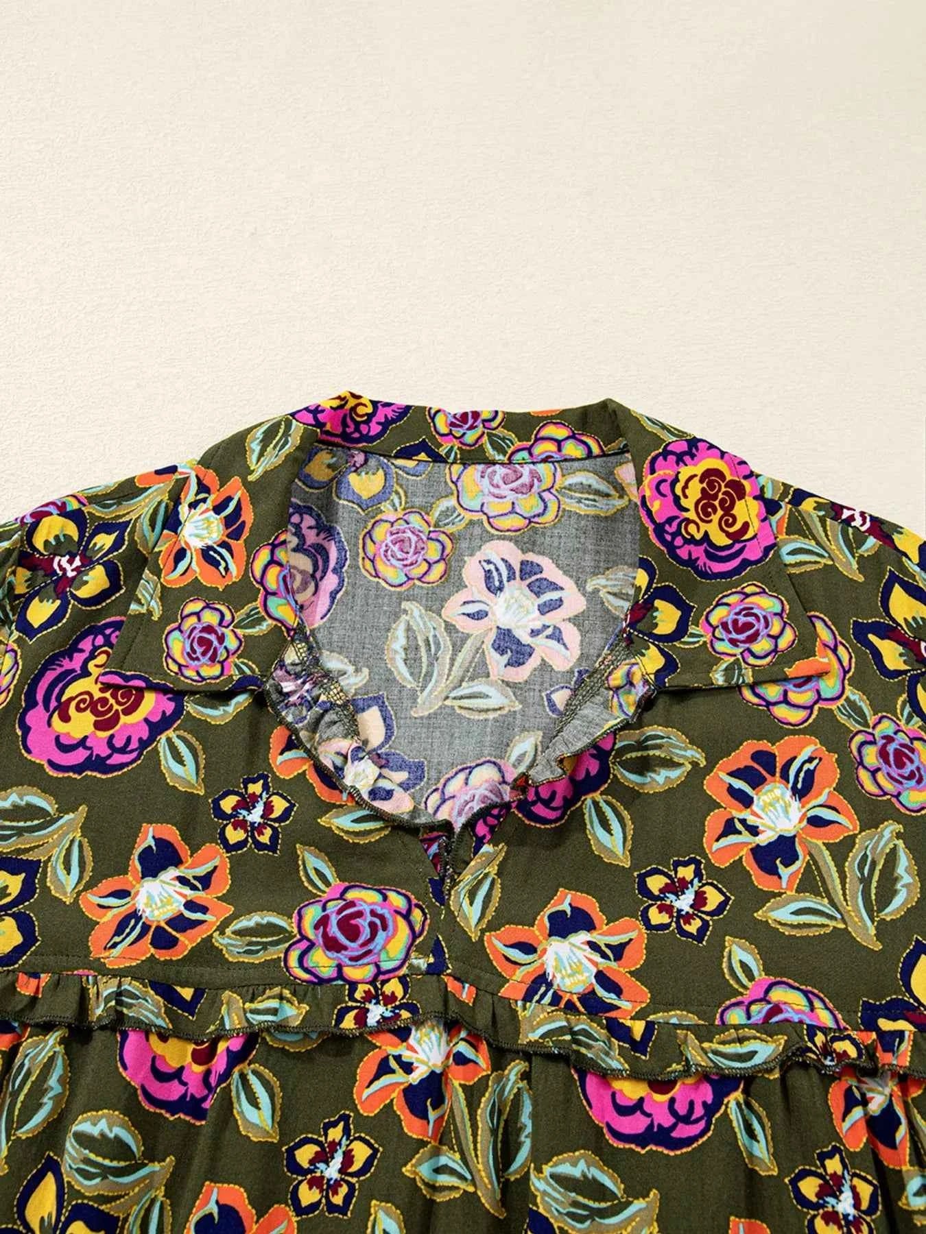 Floral Print Split Neck Bubble Sleeve Shift Mini Dress eb688456c2d243e58b06ba13fb7a8f16-Max-Origin