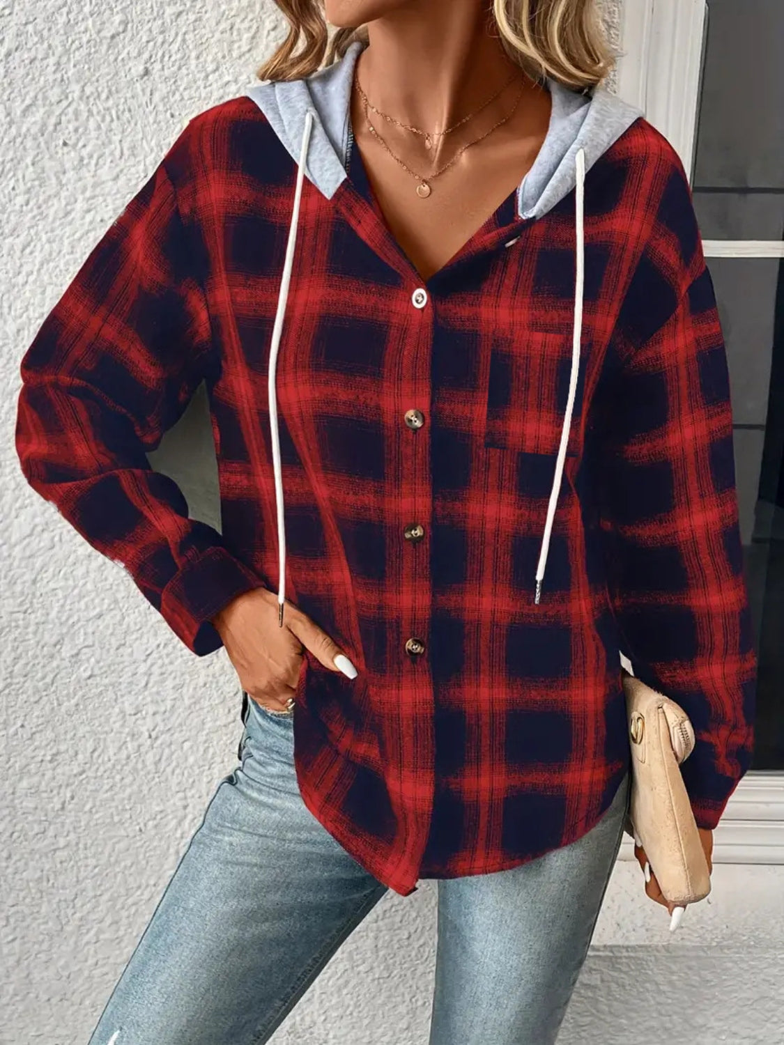 Plaid Drawstring Button Up Hooded Jacket Brick Red eb742fe14fa54dfb89a3dbfc0449bfba-Max