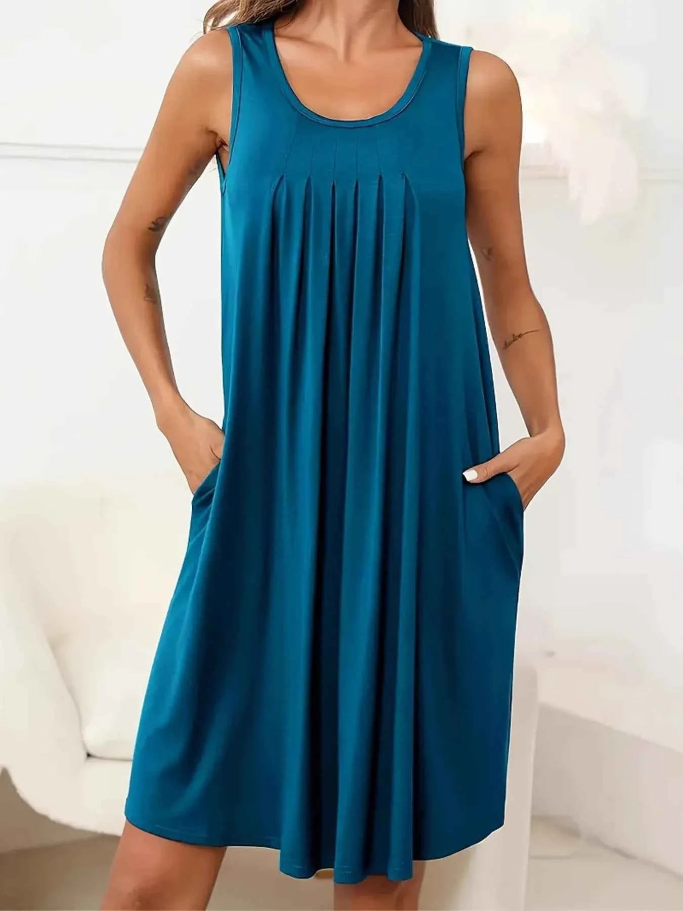 Flowy Pleated Tank Dress with Pockets Aqua eb7bd5ab78ff482eabe3d7d0b062f132-Max-Origin
